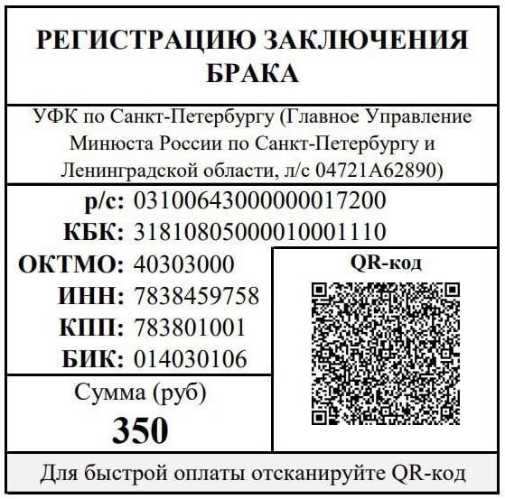 Реквизиты для оплаты госпошлины за государственную регистрацию заключения брака